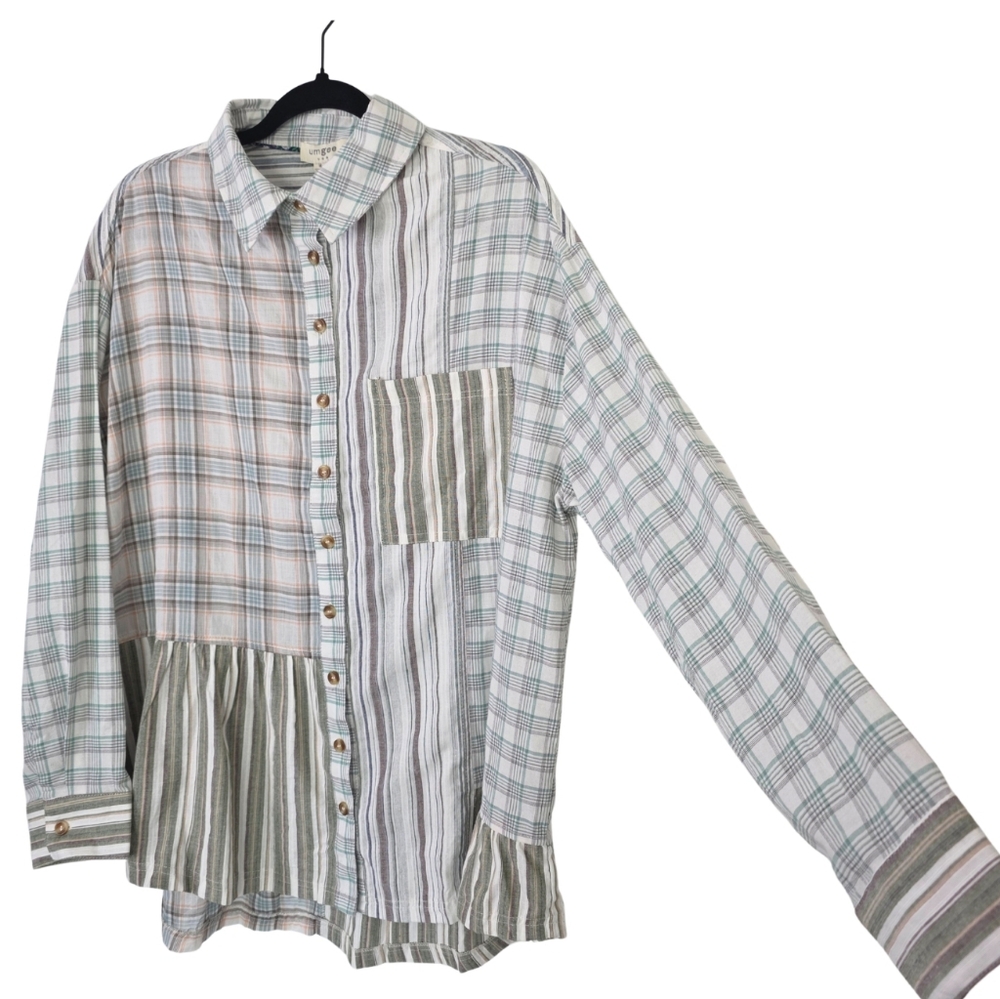 Umgee Plaid Striped Patchwork Ruffle Hem Top Blou… - image 3